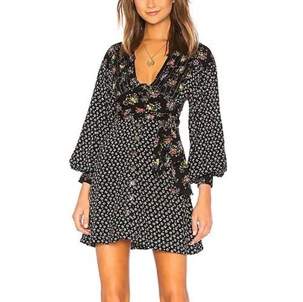 Free People Wonderland Floral Button Up Dress Size S Black Boho Cottage Peasant